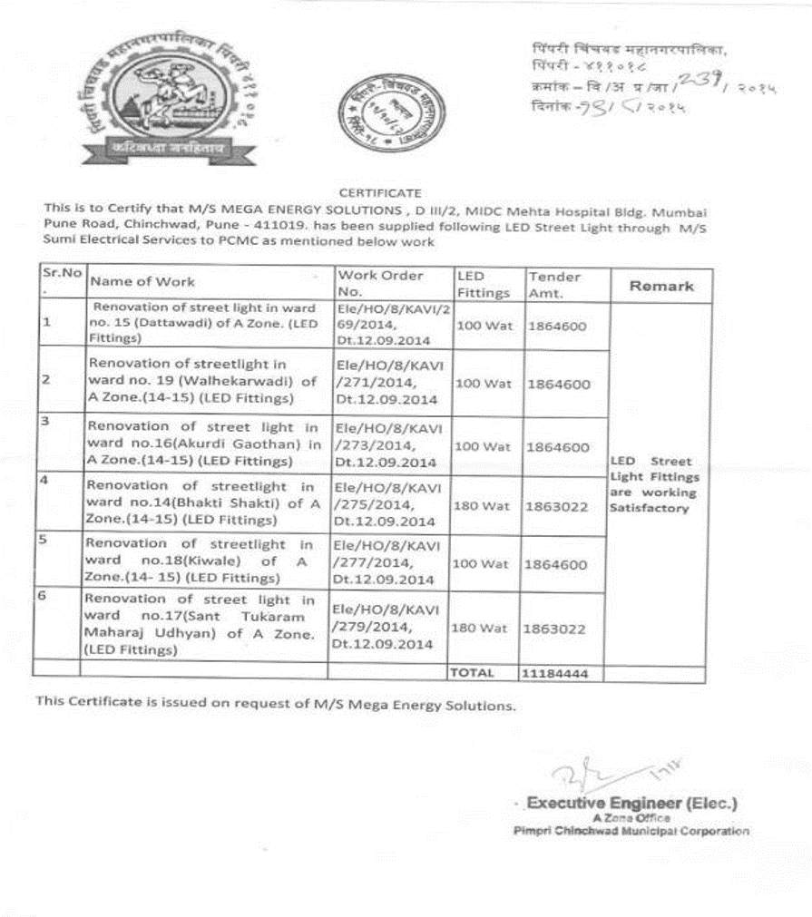 PCMC LED Street Light Supply Certificate